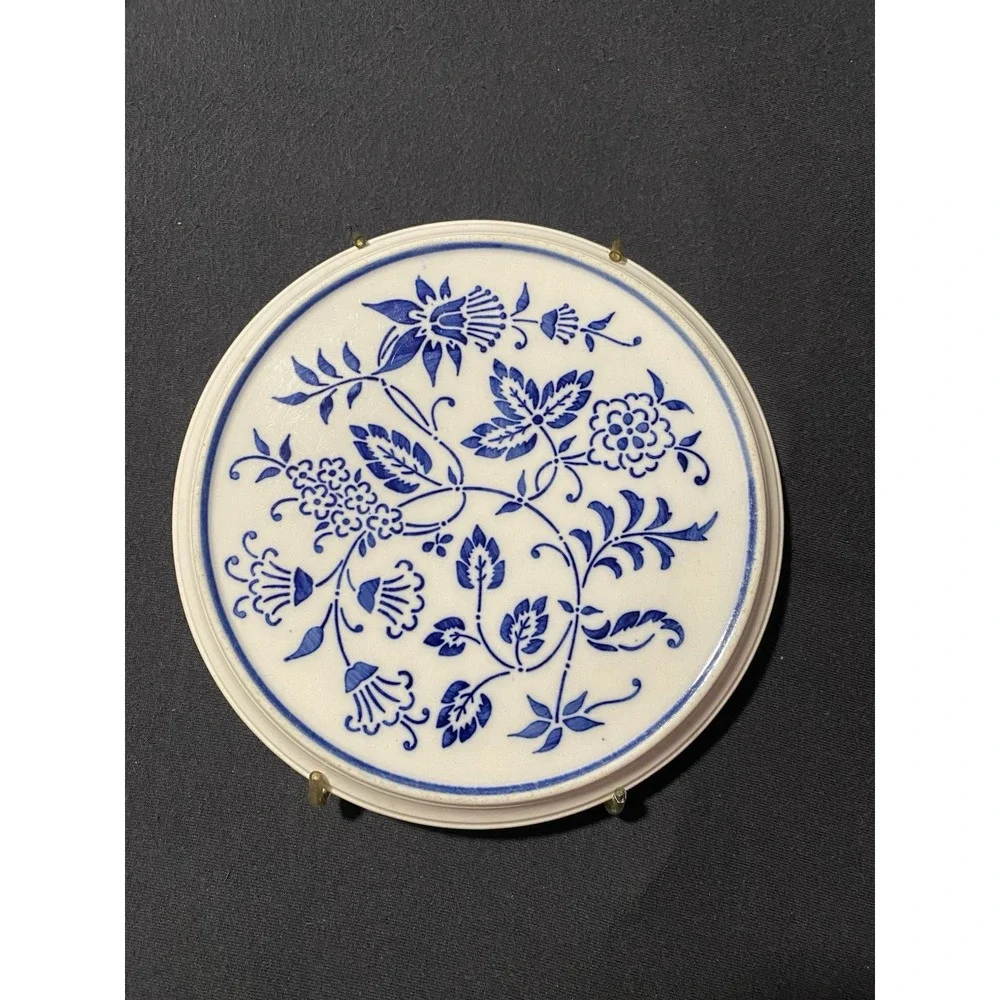Antique 1889-German Blue Onion Tea Tile Trivet G.M.T. & BRO. Metal display frame